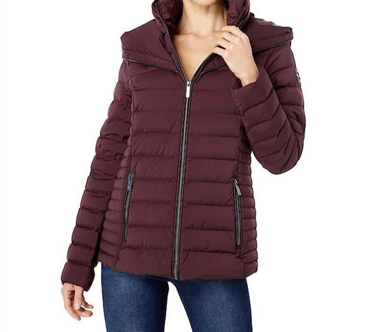 Down Fill With Bib Short Full Zip Puffer Jacket Coat In Burgundy