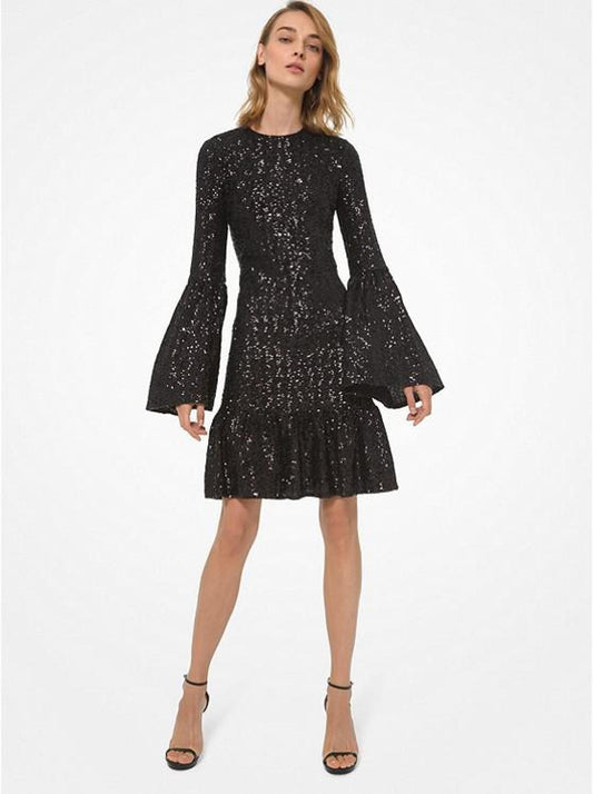 Sequined Tulle Bell-Sleeve Flared Dress