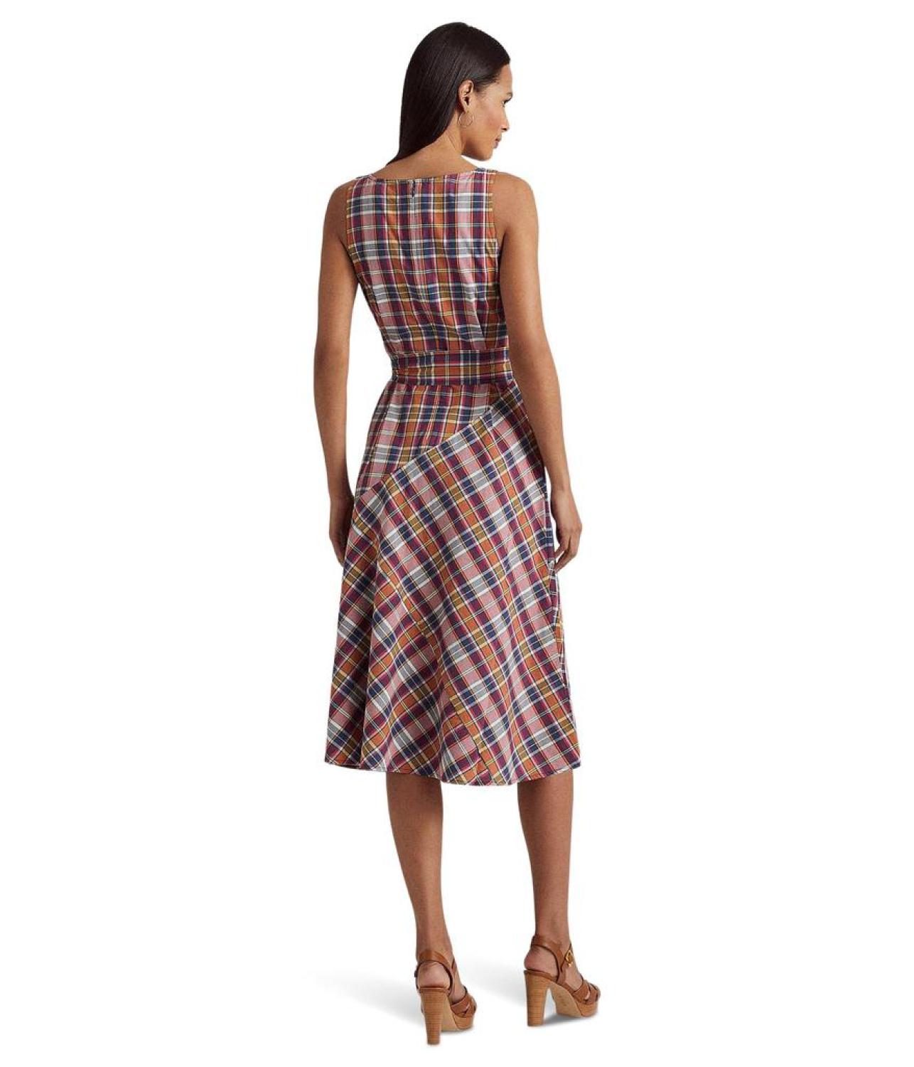 Belted Cotton Madras Sleeveless Dress