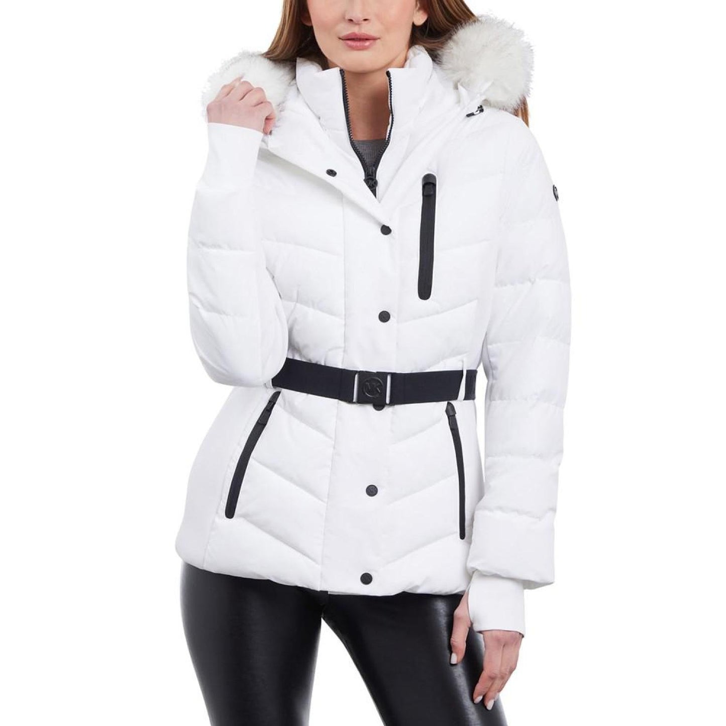 Women's Belted Faux-Fur-Trim Hooded Puffer Coat