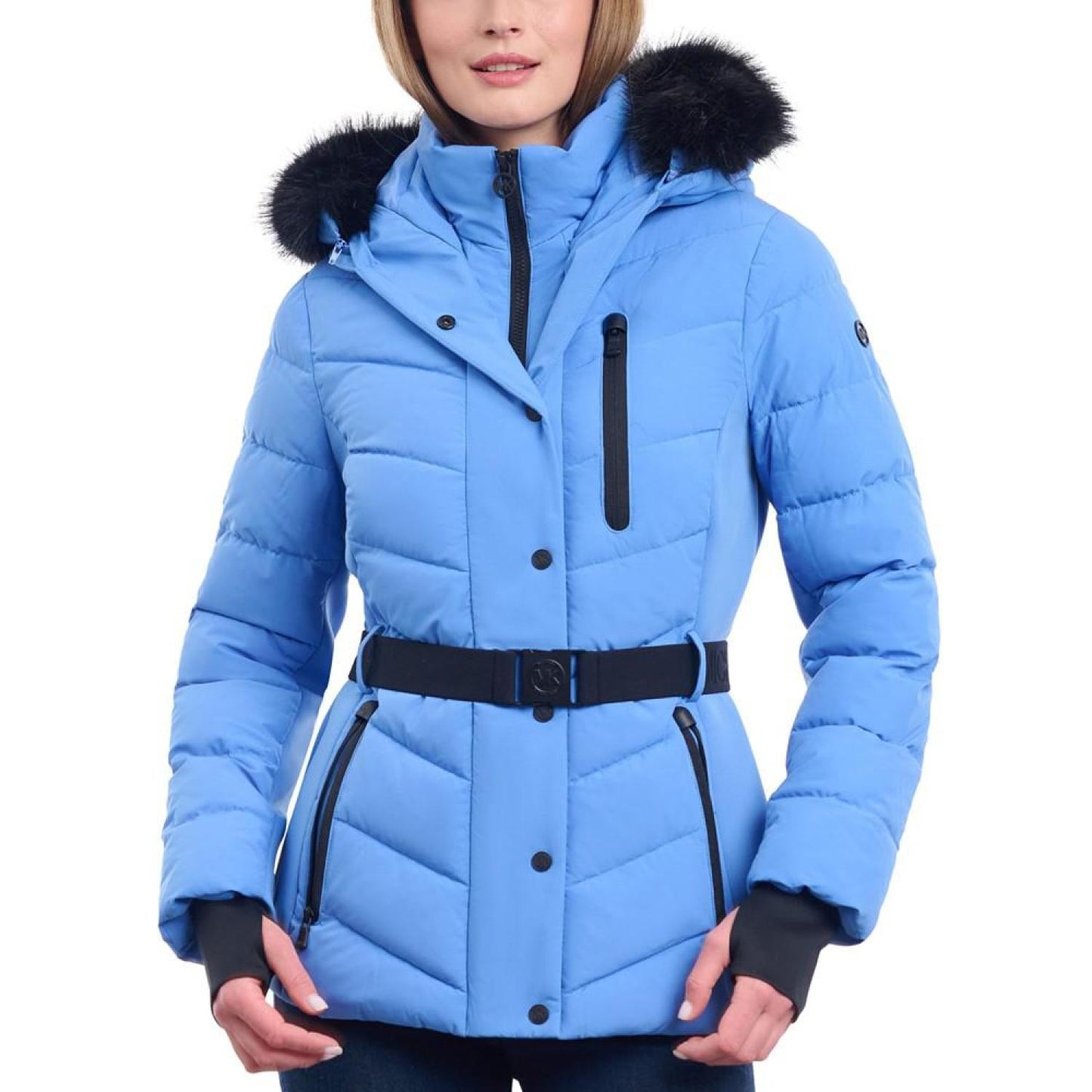 Women's Belted Faux-Fur-Trim Hooded Puffer Coat