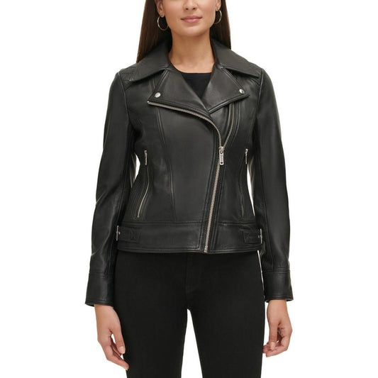 Women's Petite Quilted-Sleeve Leather Moto Coat, Created for Macy's