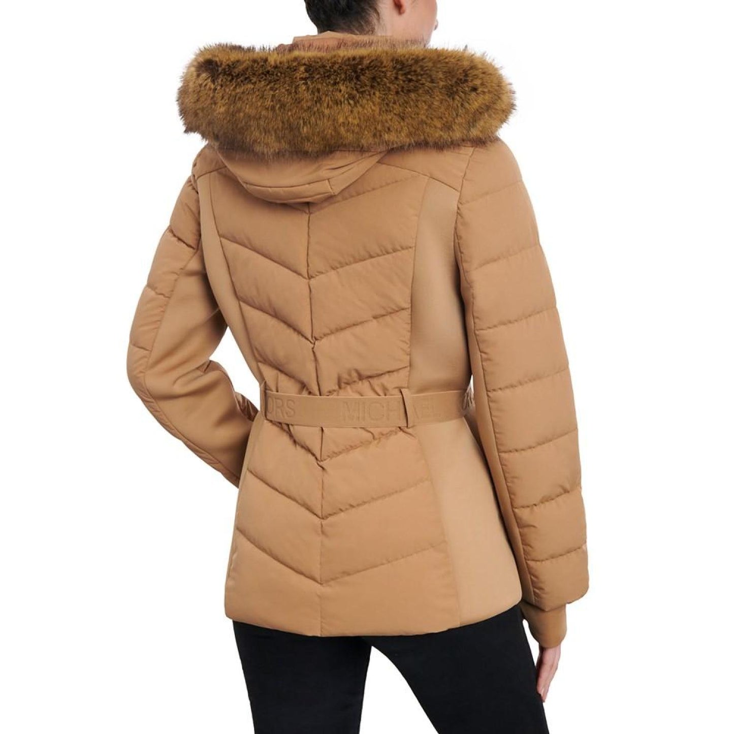 Women's Belted Faux-Fur-Trim Hooded Puffer Coat