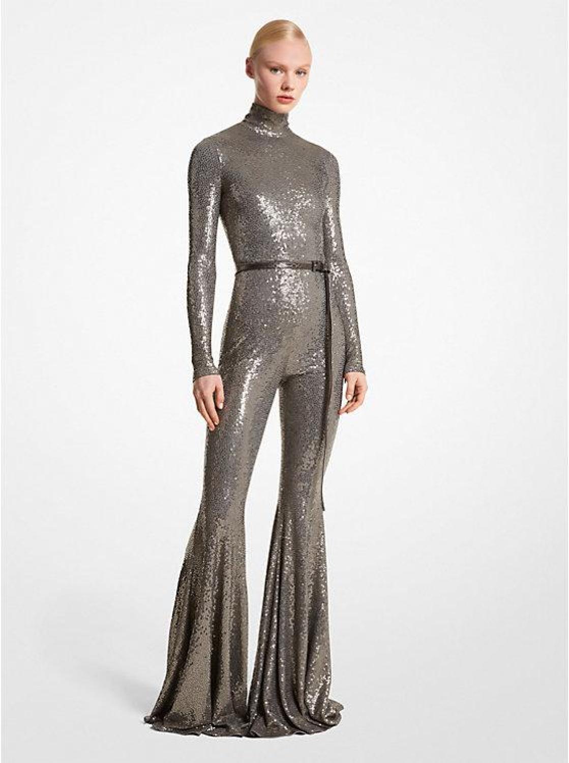 Hand-Embroidered Sequin Stretch Jersey Flared Jumpsuit