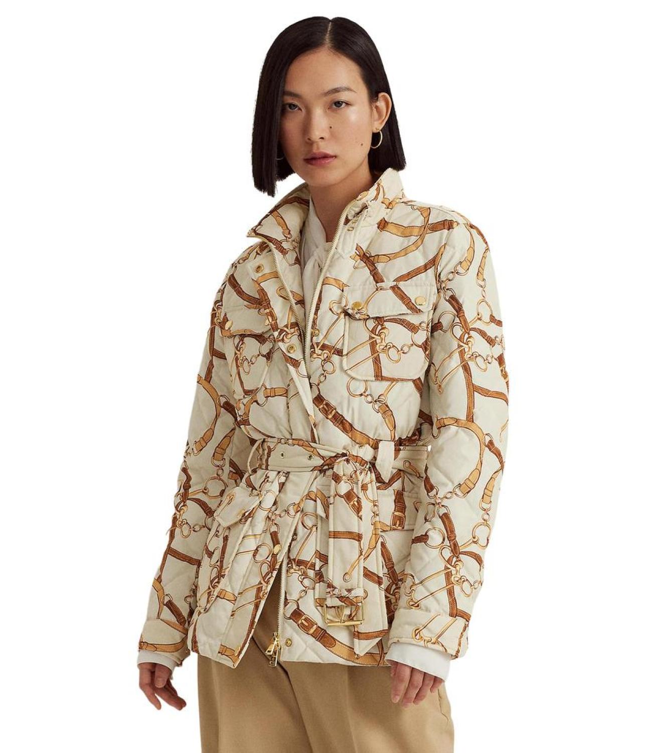 Belting-Print Diamond-Quilted Down Coat