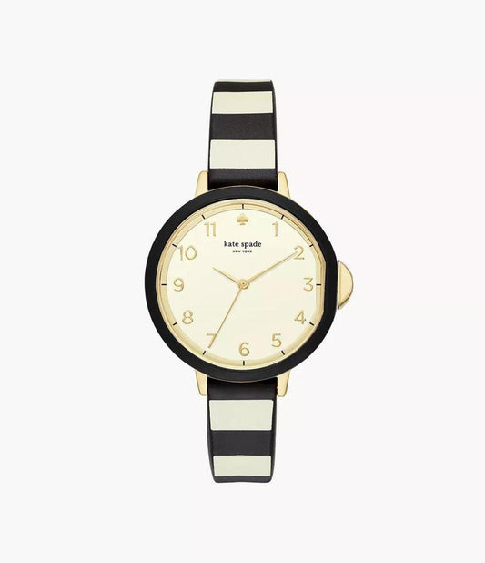 kate spade new york park row three-hand black and cream striped silicone watch