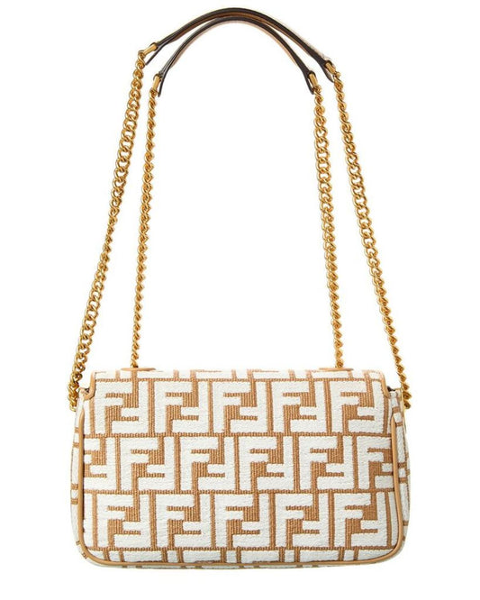 FENDI Baguette Midi FF Raffia & Leather Shoulder Bag