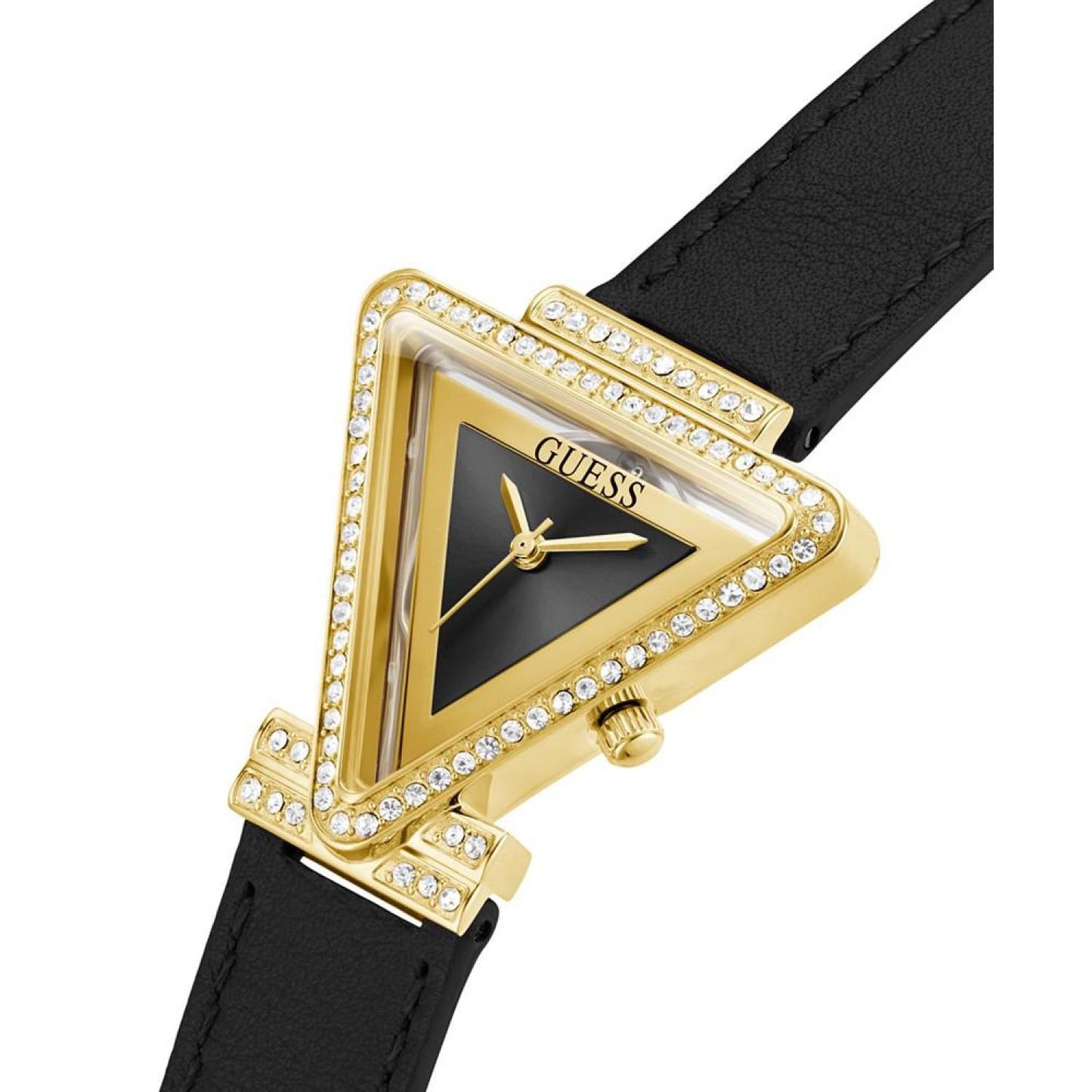 Women's Gold-Tone Glitz Black Genuine Leather Strap Watch, 34mm