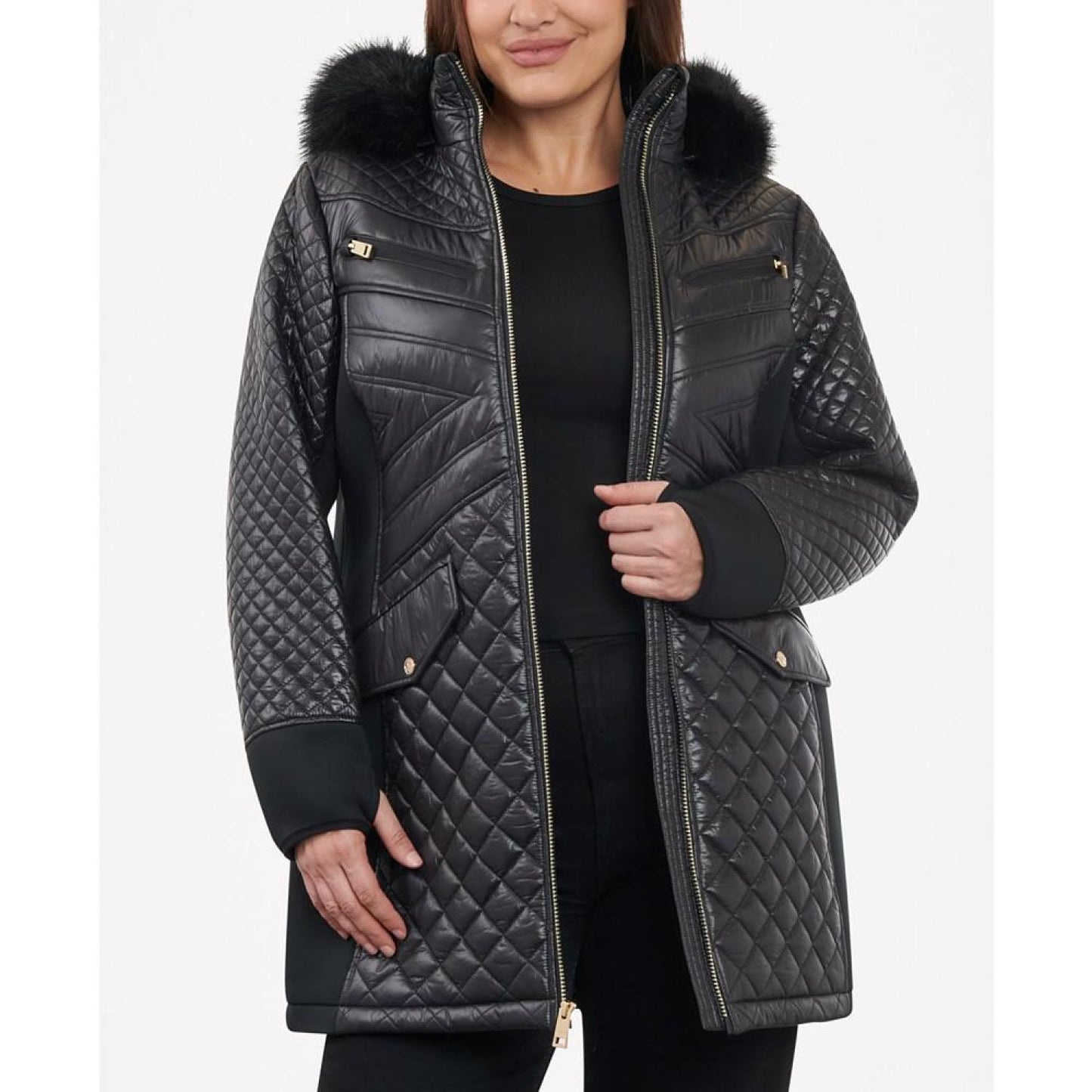 Women's Plus Size Faux-Fur-Trim Hooded Quilted Coat