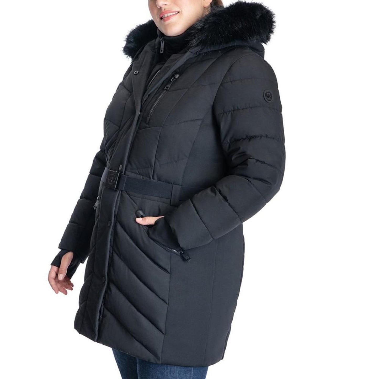 Women's Plus Size Belted Faux-Fur-Trim Hooded Puffer Coat, Created for Macy's