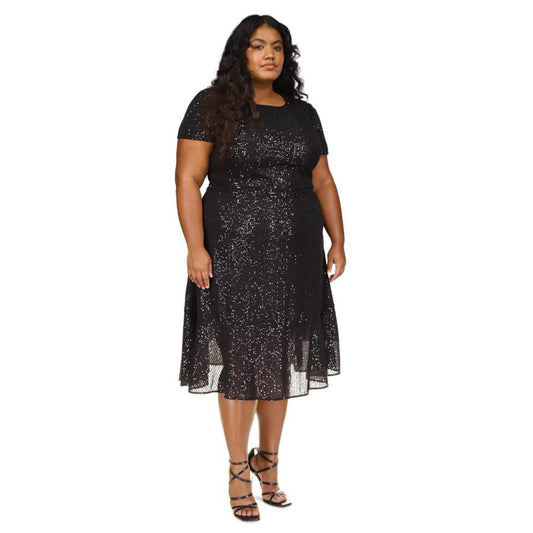 Plus Size Sequined Chiffon Midi Dress