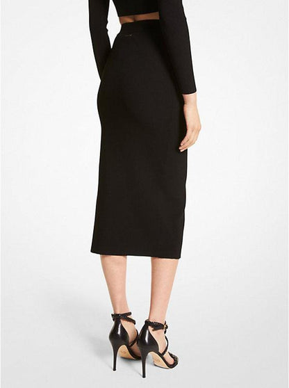 Logo Button Ribbed Viscose Blend Pencil Skirt