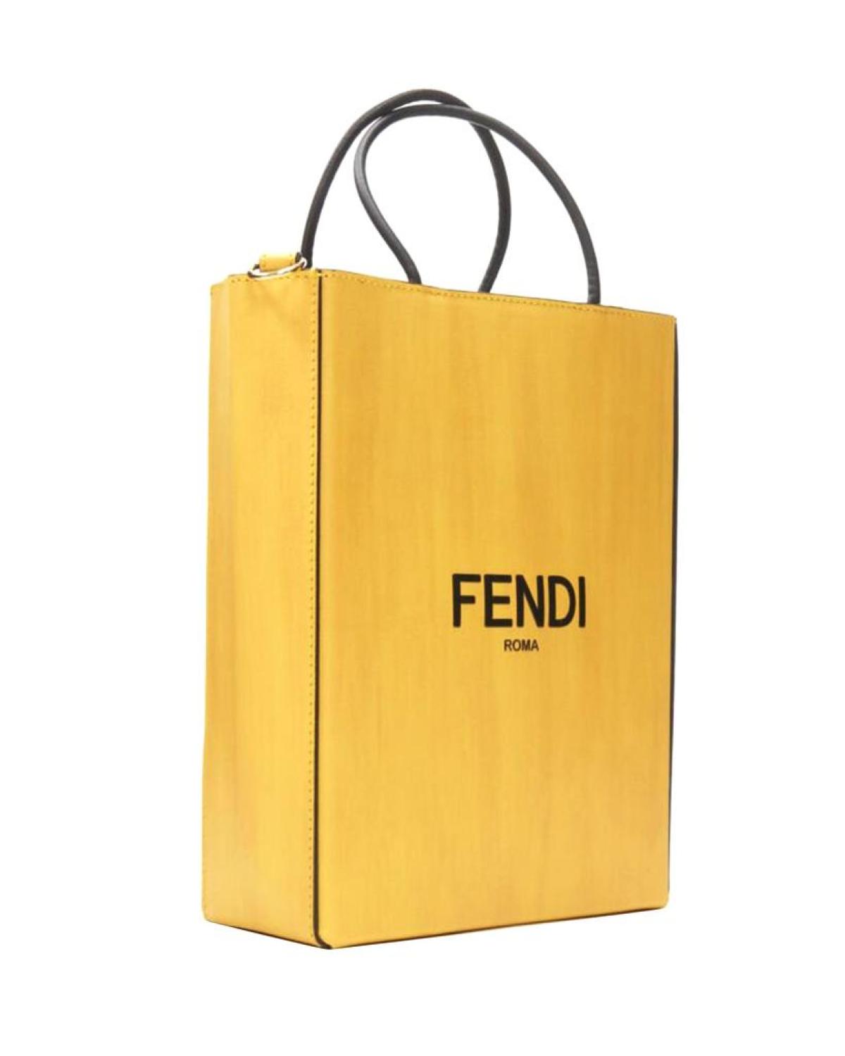 new FENDI Pack Small Shopping yellow leather logo print crossbody tote bag