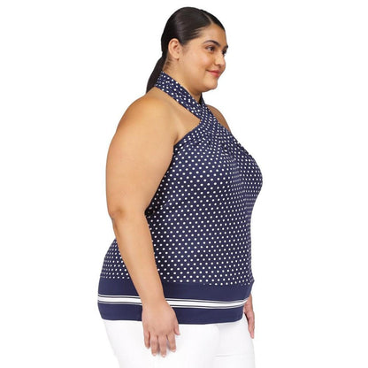 Plus Size Dot-Print Border-Hem Halter Top