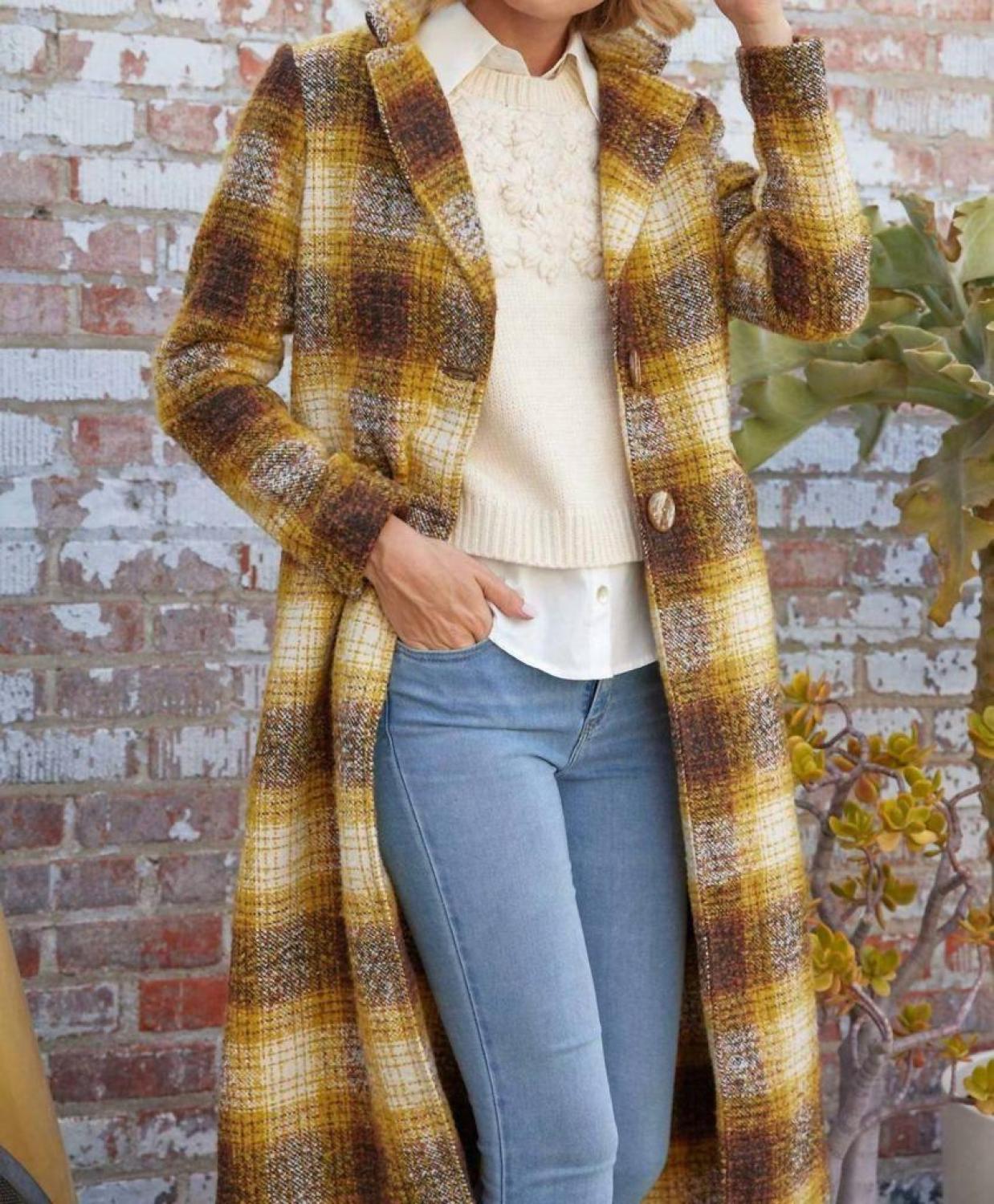 Longline Plaid Coat In Yellow Plaid