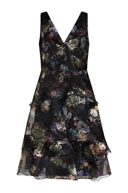 Floral Ruffled Midi Dress In Black