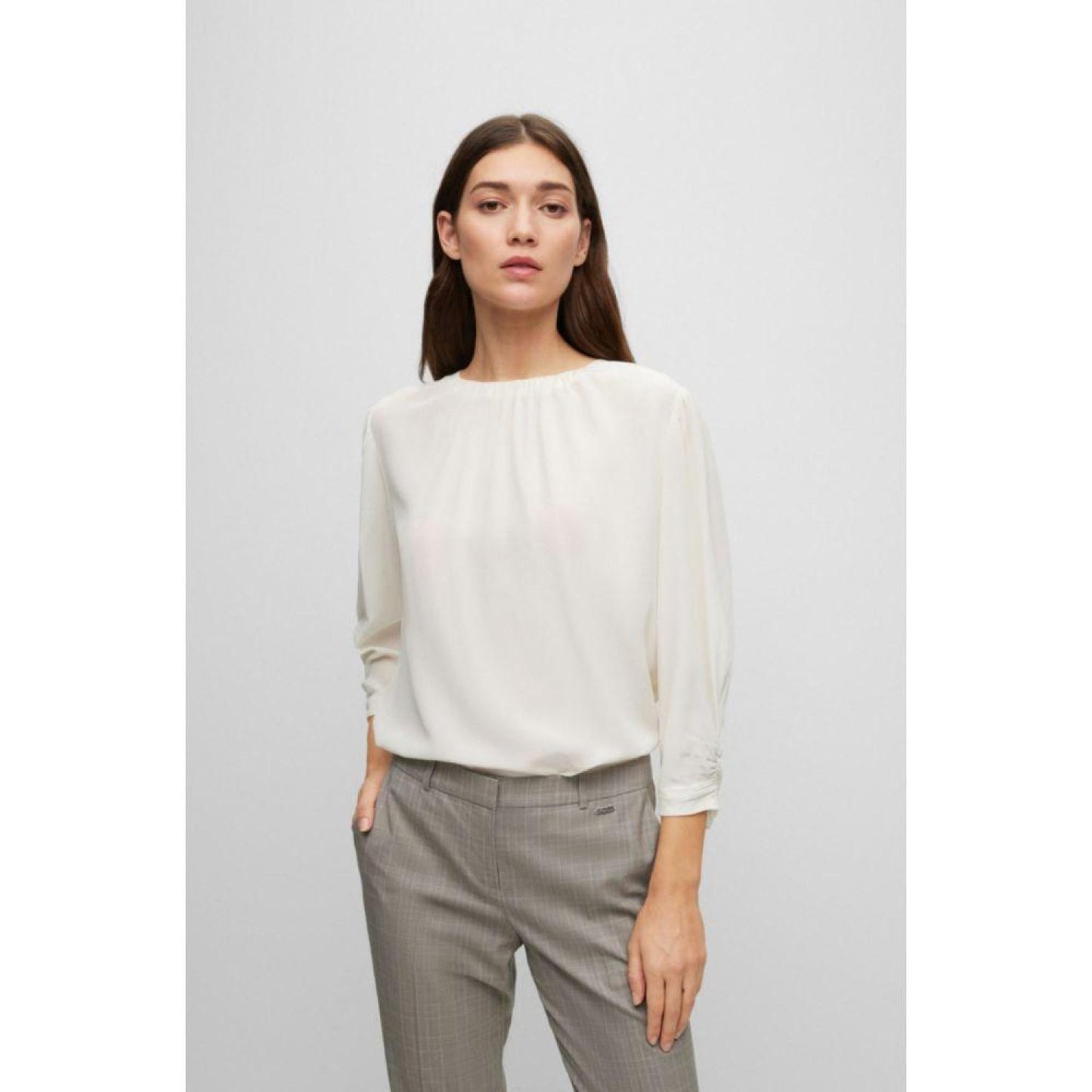 Regular-fit collarless blouse in washed silk