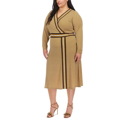 Plus Size Striped-Trim Faux-Wrap Dress