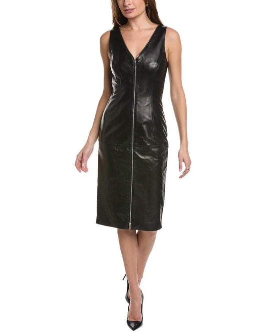 Michael Kors Collection Front Zip Leather Sheath Dress