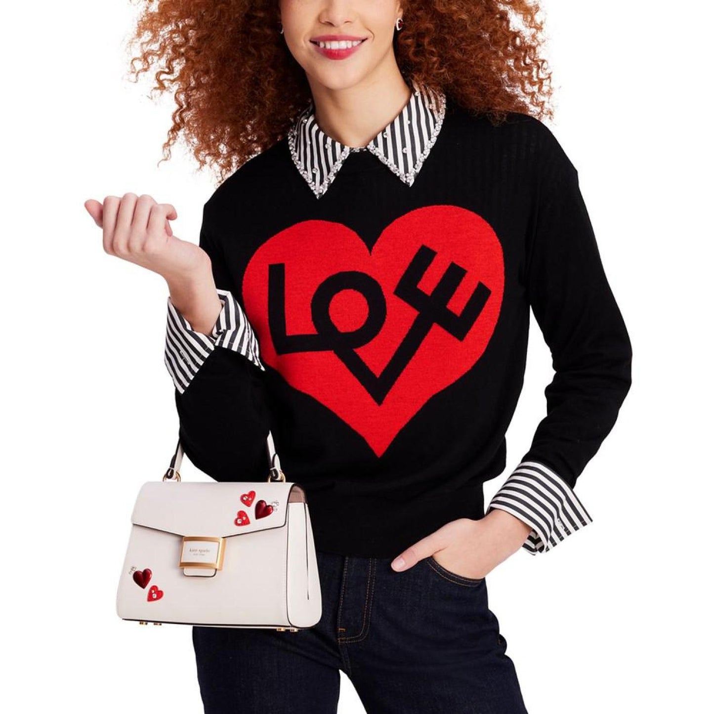 Katy Heart Embellished Textured Leather Top Handle Bag