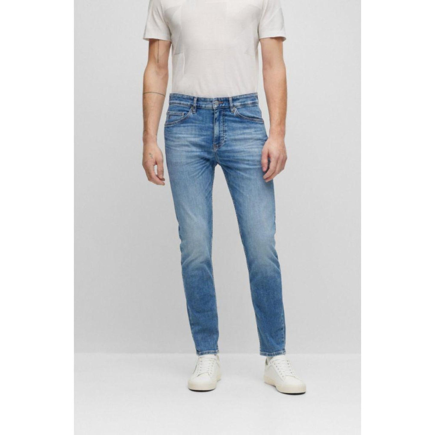 Tapered-fit jeans in mid-blue Italian stretch denim