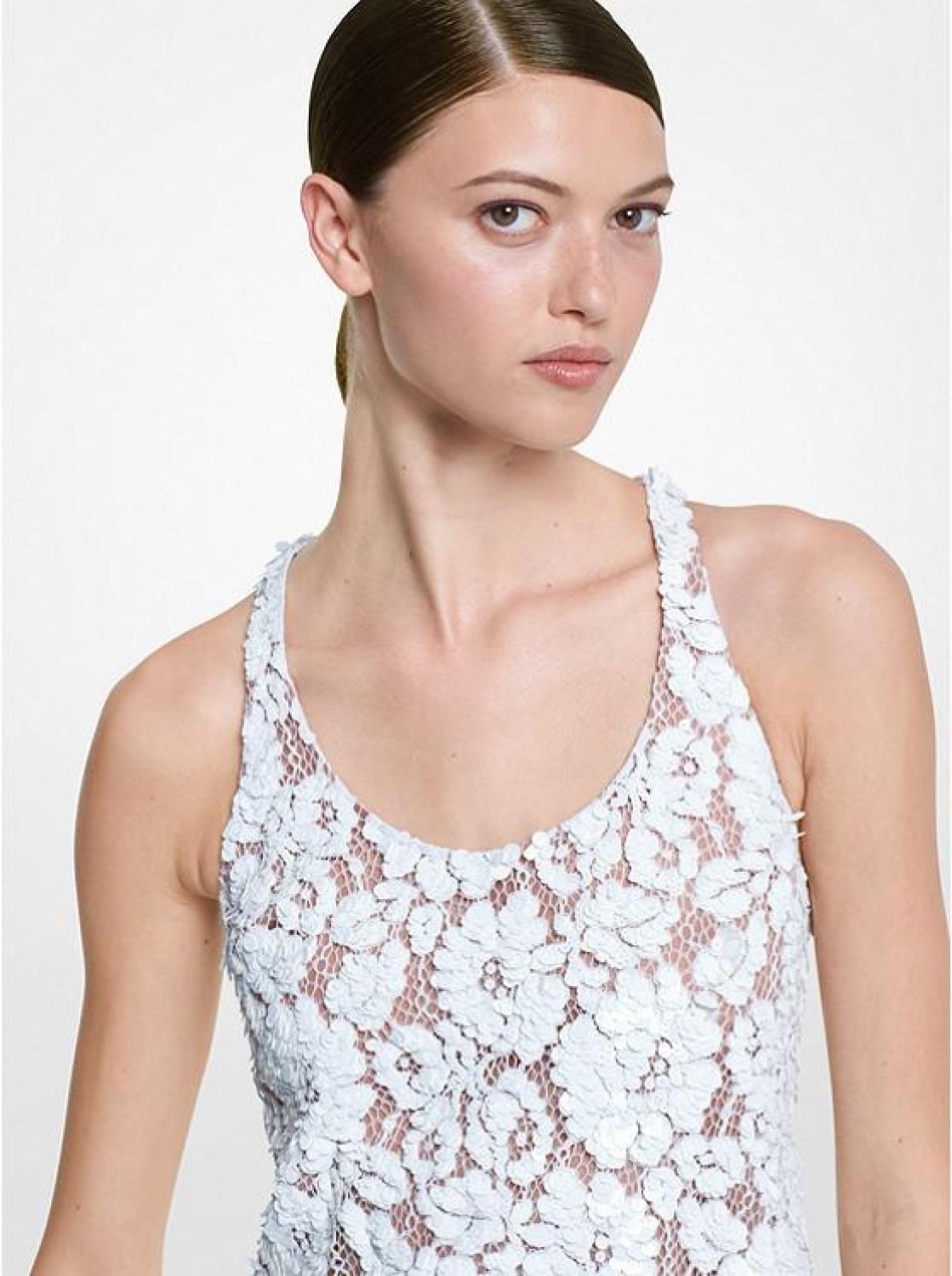 Hand-Embroidered Paillette Floral Lace Shift Dress