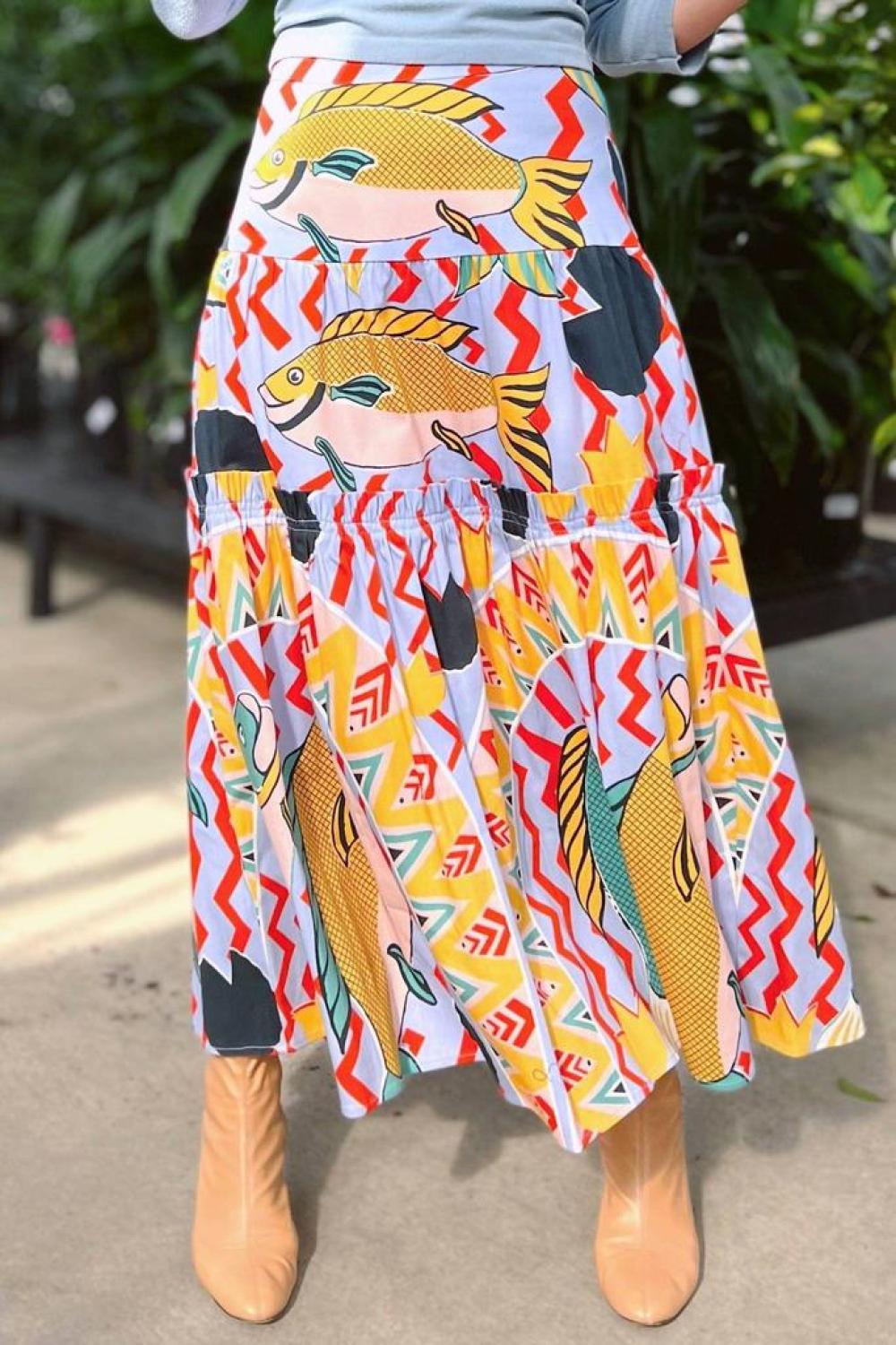 Fish Midi Tiered Skirt In Fun Art Print