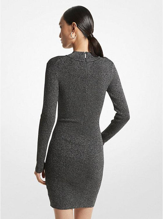 Metallic Ribbed Stretch Knit Mock Neck Dress