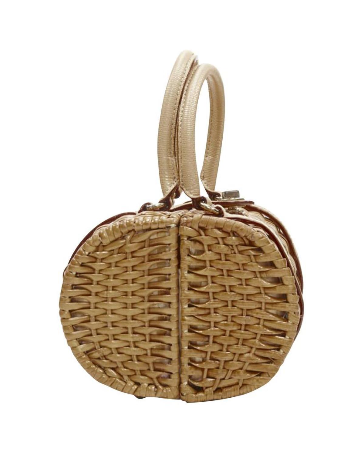 KATE SPADE brown bamboo rattan wicker metallic leather handle log bag