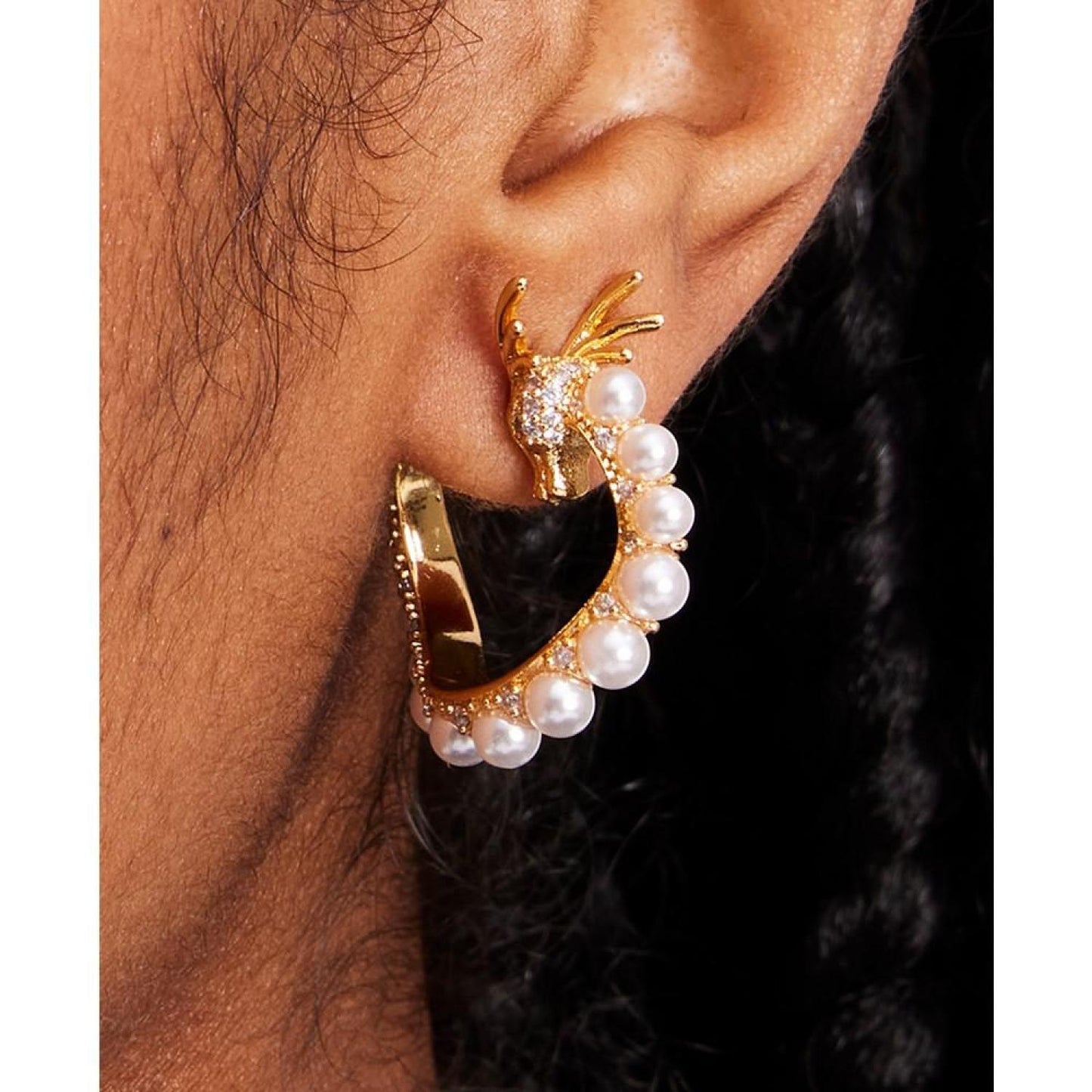 Gold-Tone Medium Pavé & Imitation Pearl Dragon Hoop Earrings, 1.18"