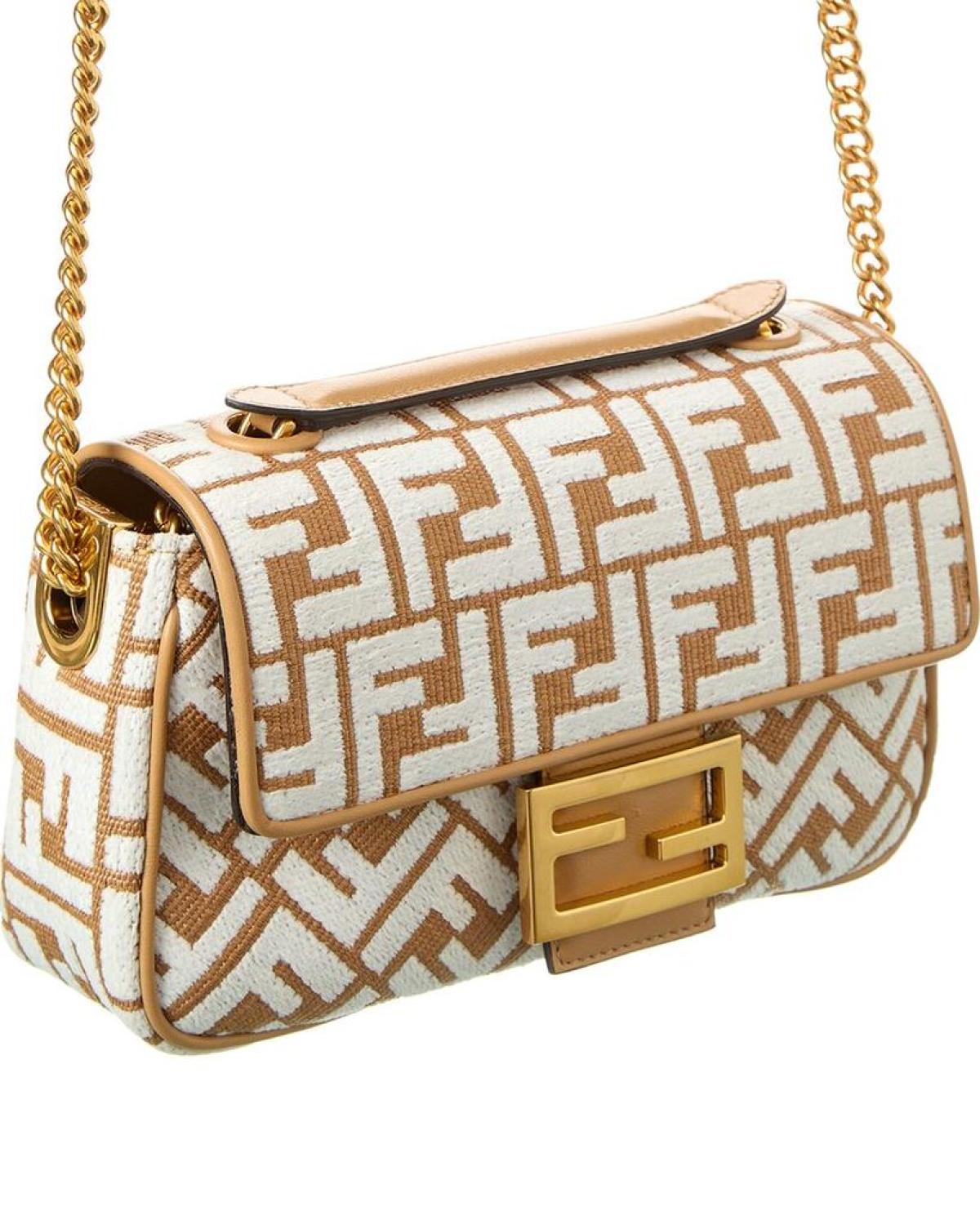 FENDI Baguette Midi FF Raffia & Leather Shoulder Bag