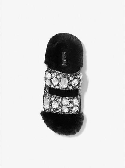 Stark Embellished Glitter and Faux Fur Slide Sandal