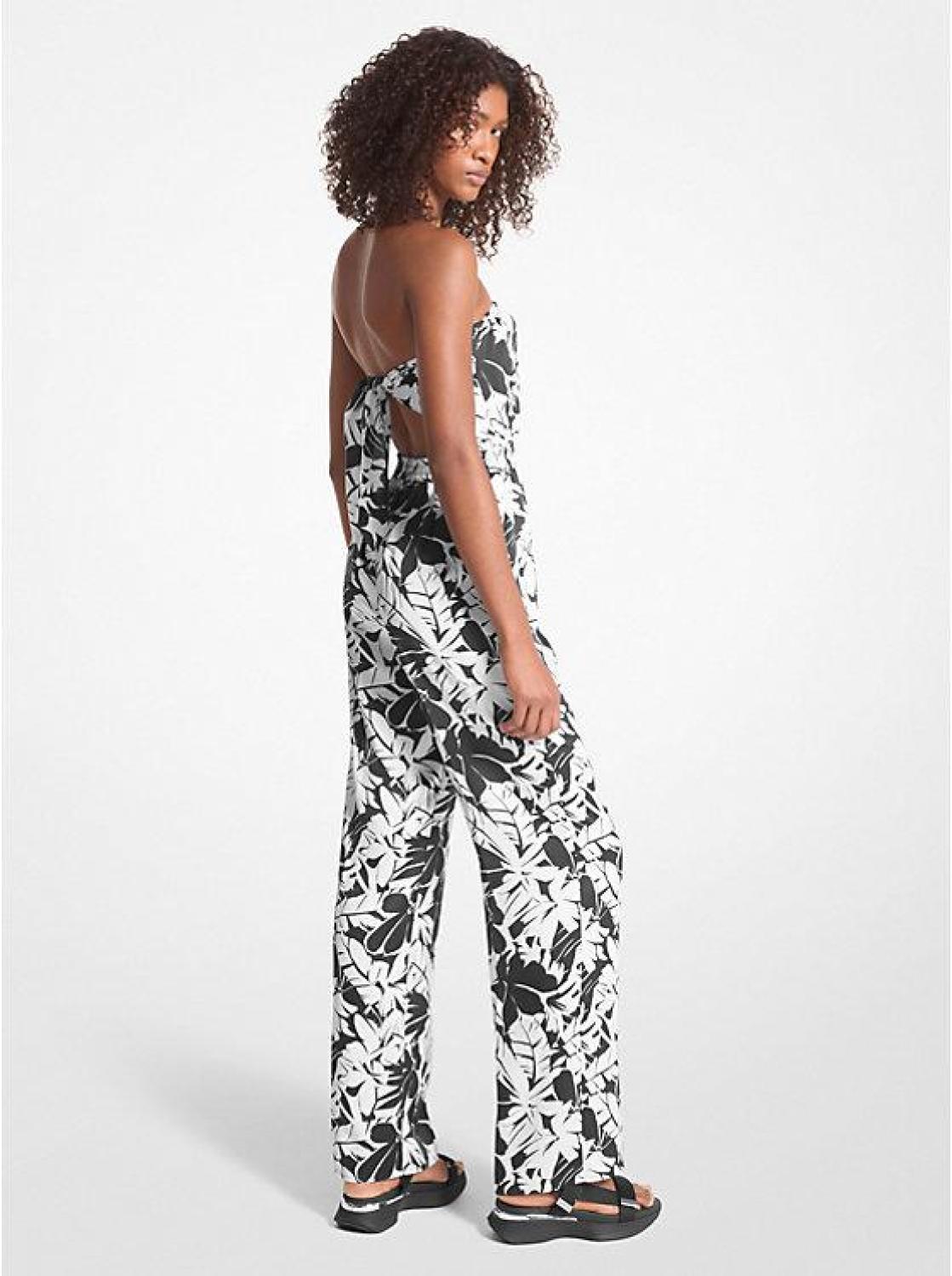 Palm Print Satin Tie-Back Jumpsuit