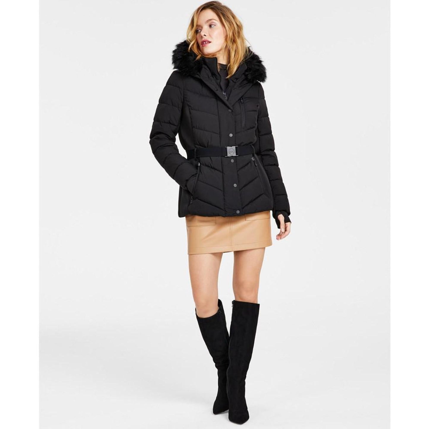 Women's Belted Faux-Fur-Trim Hooded Puffer Coat