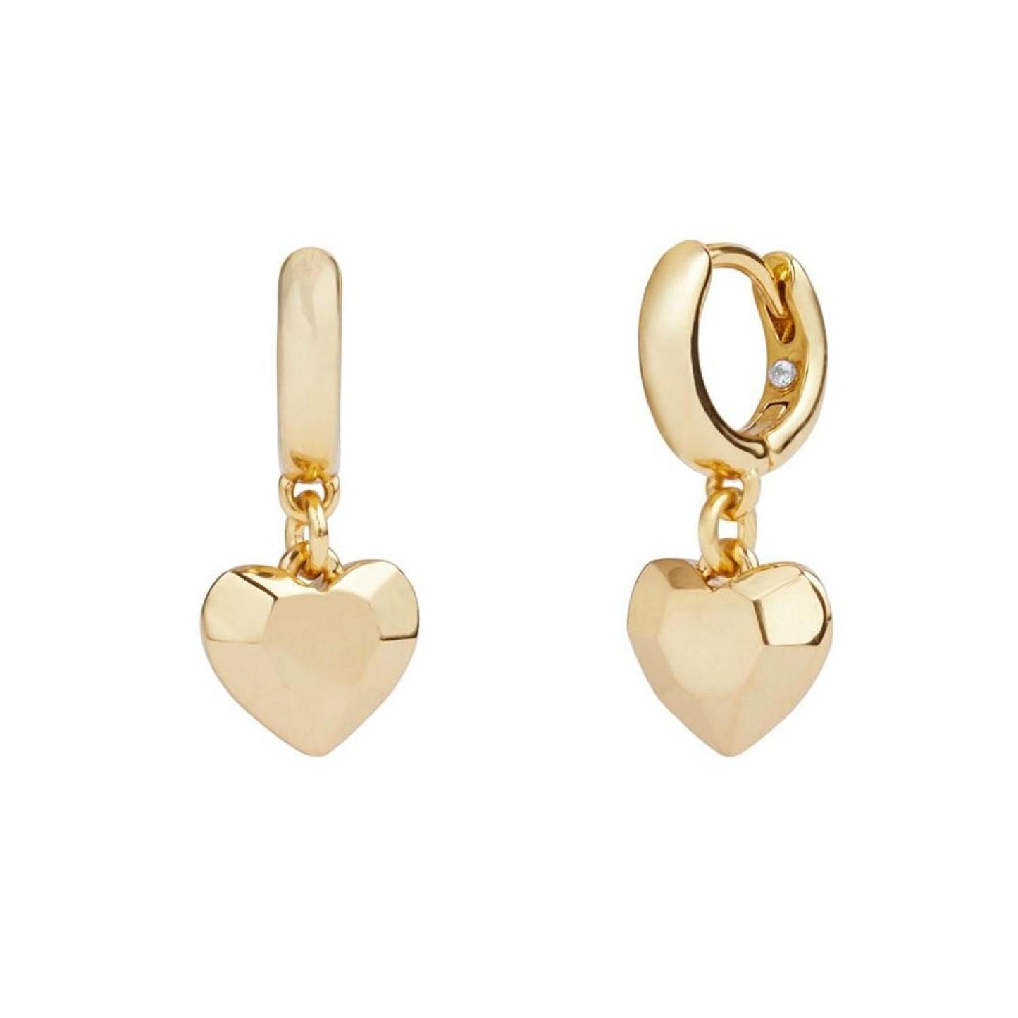 Gold Faceted Heart Charm Huggie Earrings