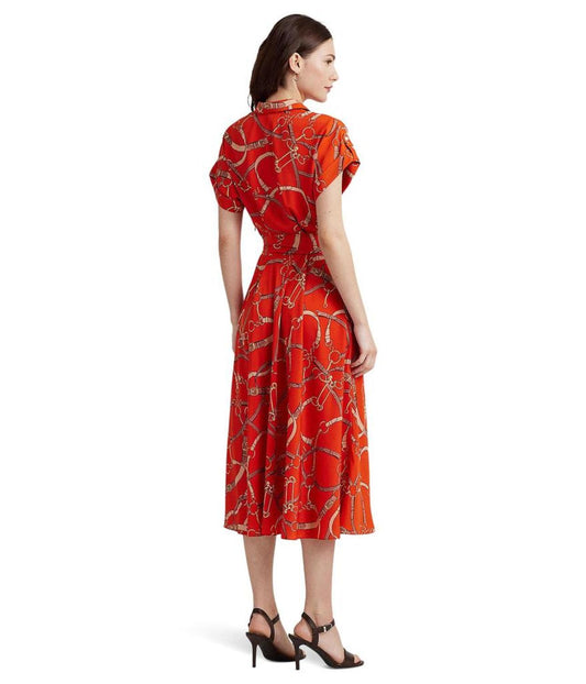 Belting-Print Belted Crepe Dress