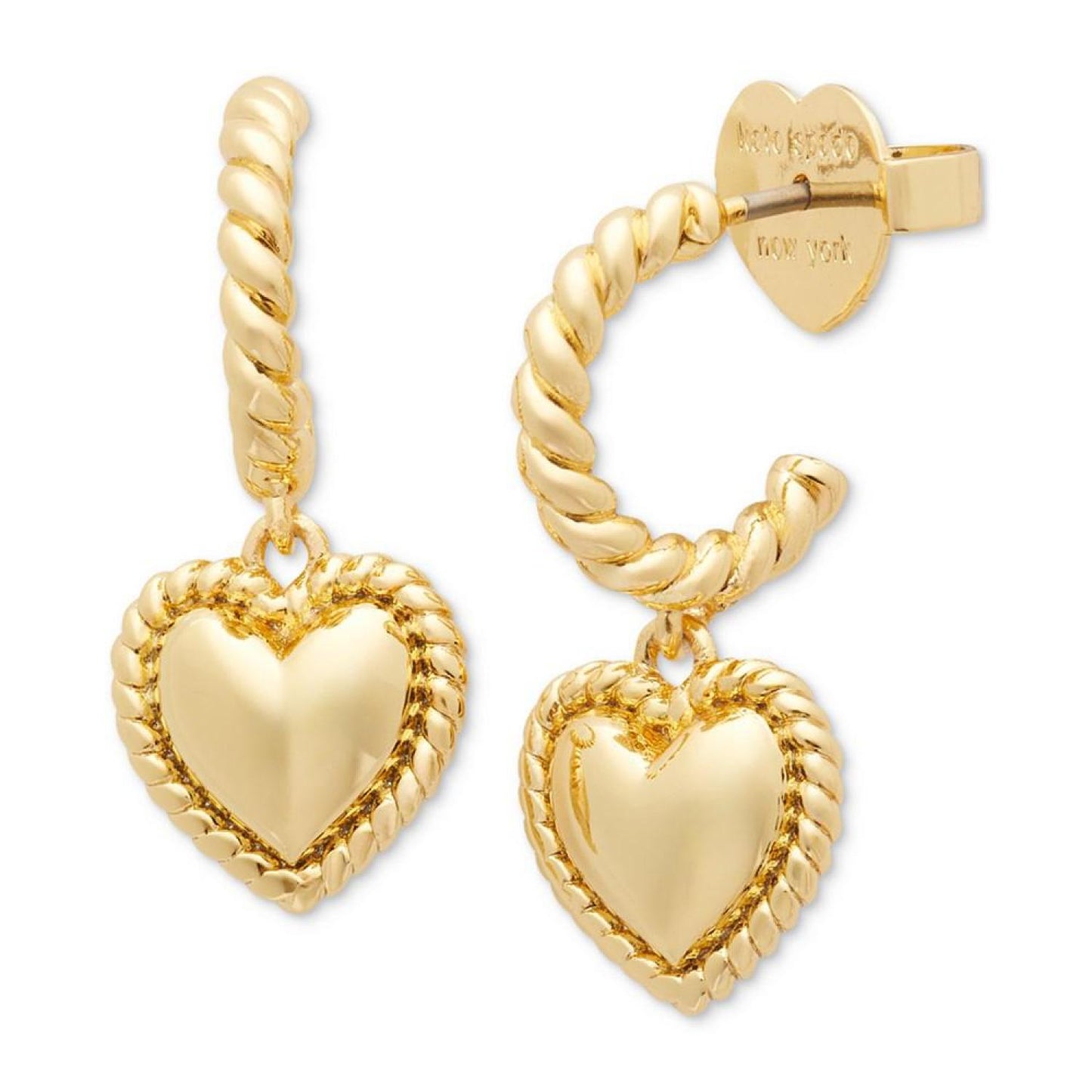 Gold-Tone Twisted Frame Heart Charm Hoop Earrings