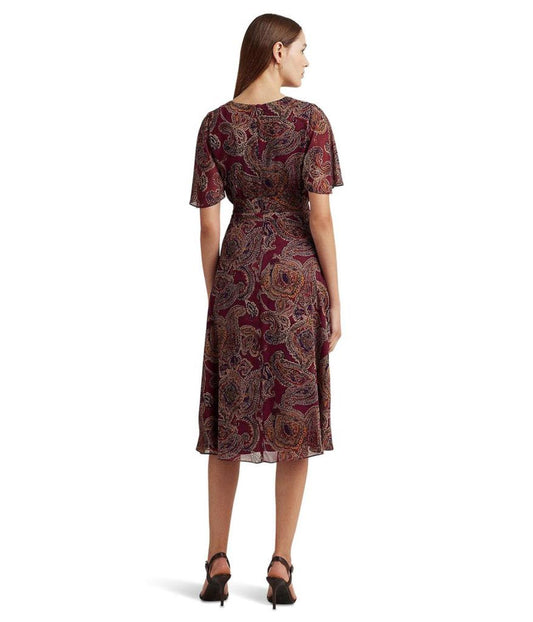 Paisley Crinkle Georgette Flutter-Sleeve Dress