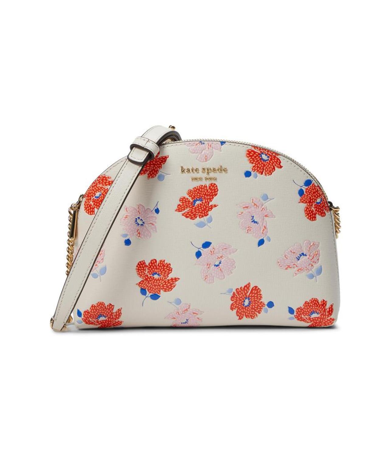 Morgan Dotty Floral Emboss Saffiano Leather Double Zip Dome Crossbody