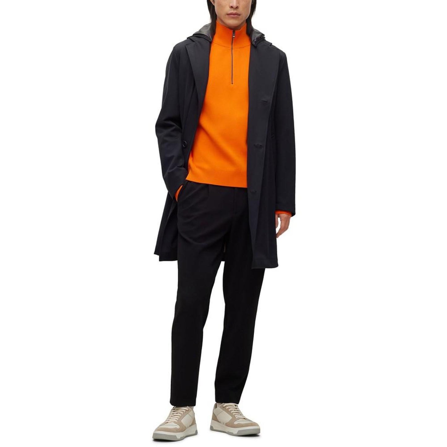 Men's Relaxed-Fit Coat with Contrast Hood in Performance Stretch