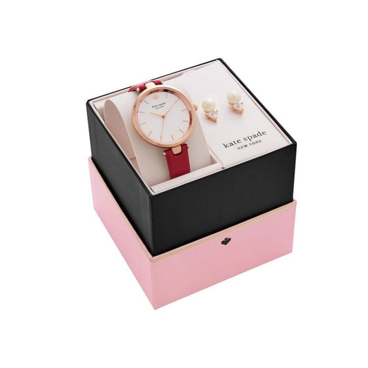 Women's Holland Red Leather Watch and Earring Box Set 34mm