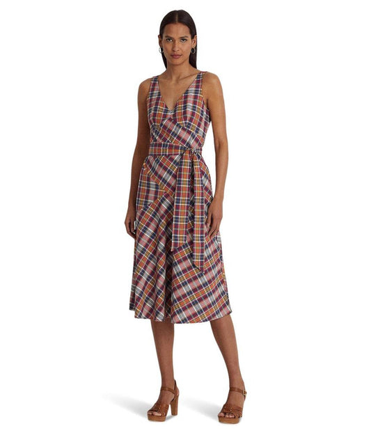 Belted Cotton Madras Sleeveless Dress