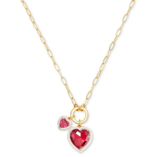 Gold-Tone White-Framed Red Crystal Heart Multi-Charm Pendant Necklace, 16" + 3" extender