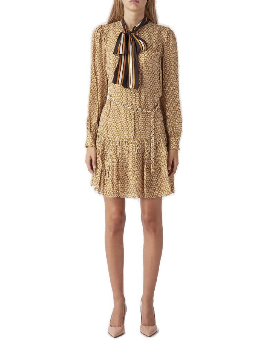 Michael Michael Kors Pussy-Bow Belted Long-Sleeved Dress