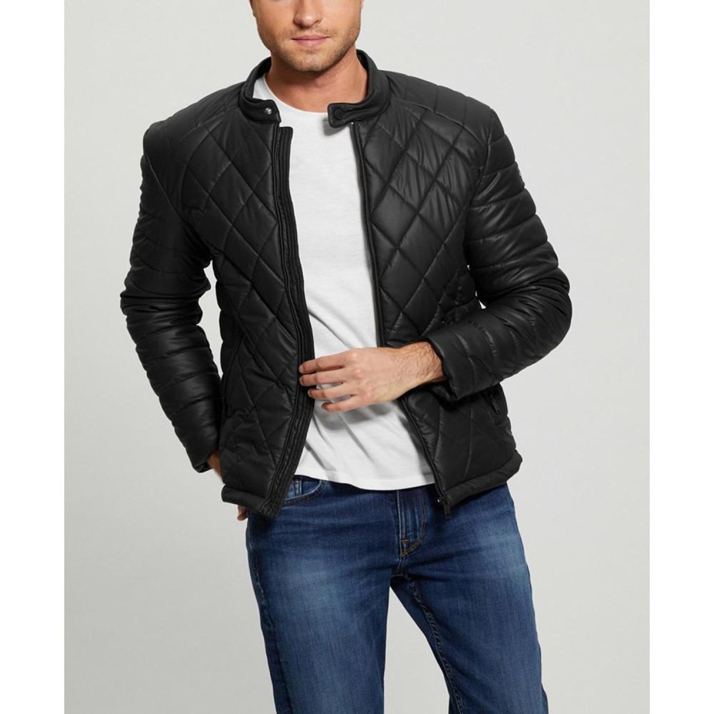 Men's Stretch Faux Leather Biker Collar Jacket