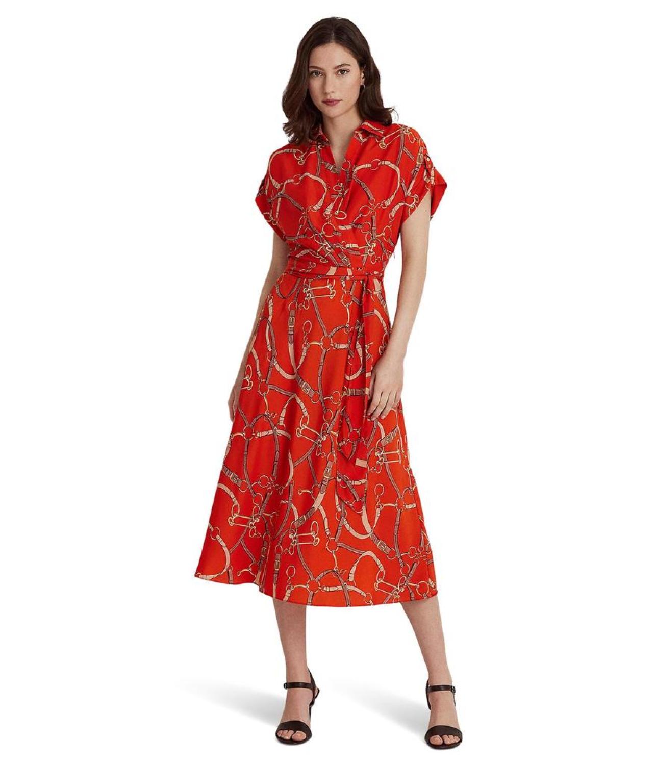 Belting-Print Belted Crepe Dress