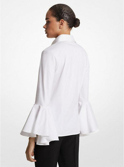 Organic Stretch Cotton Poplin Ruffle-Sleeve Blouse