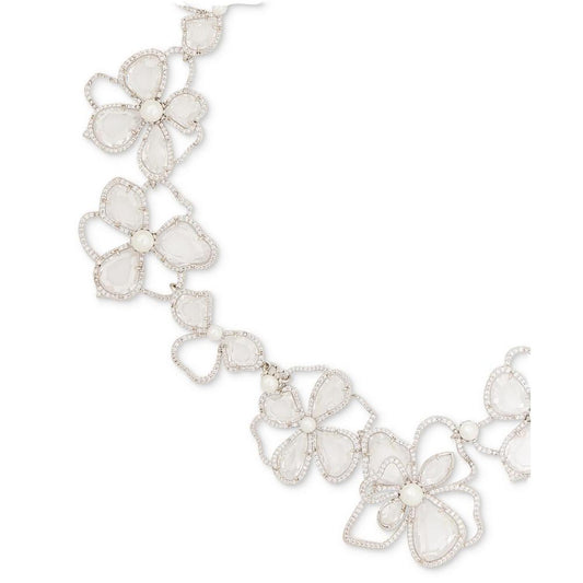 Silver-Tone Cubic Zirconia & Imitation Pearl Flower Statement Necklace, 18" + 3" extender