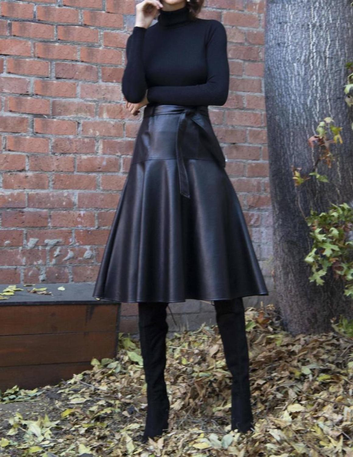 Faux Leather Belted Midi Allas Skirt In Black