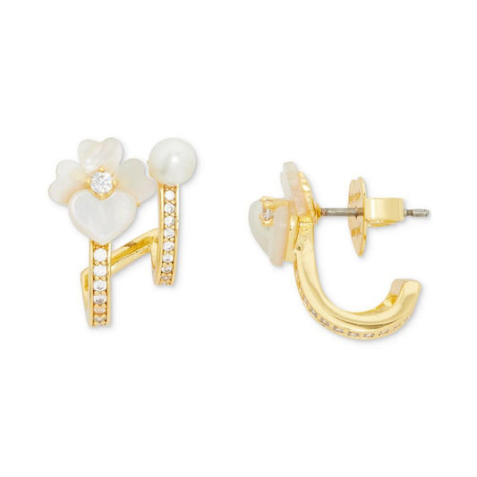 Gold-Tone Small Pavé & Mother-of-Pearl Pansy Double-Row Huggie Hoop Earrings, 0.66"